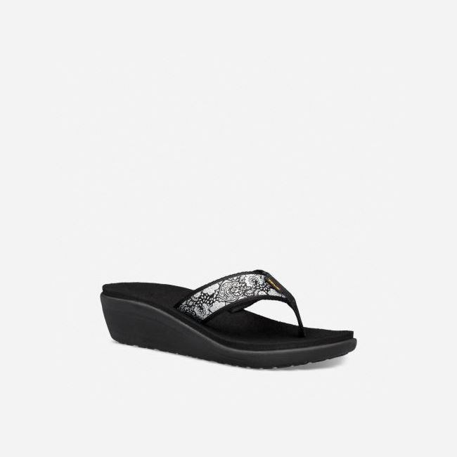 Black / White / Silver Teva Voya Wedge Women's Flip Flops | I86II3V