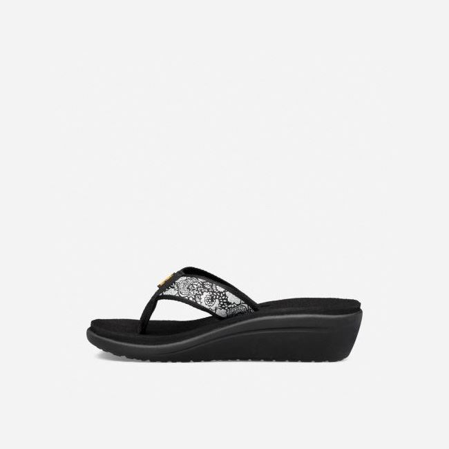 Black / White / Silver Teva Voya Wedge Women's Flip Flops | I86II3V