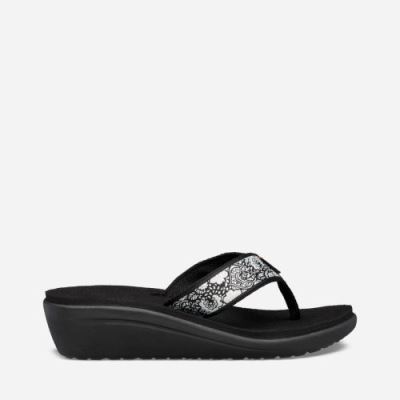 Black / White / Silver Teva Voya Wedge Women's Flip Flops | I86II3V