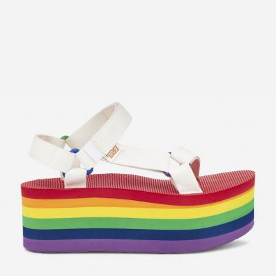 White / Multicolor Teva FLATFORM UNIVERSAL RAINBOW PRIDE Men's Sandals | WYV6VZN